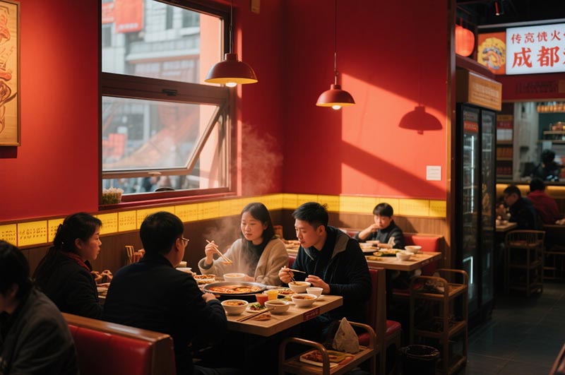 以紅、黃二色為例的川味火鍋店裝修效果圖