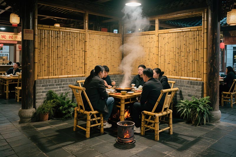 采用竹、木、青磚等傳統材質的火鍋店裝修效果圖